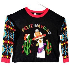 Holiday Time "Feliz Navidad Llama" Graphic Black With Colorful Sleeves Size XL